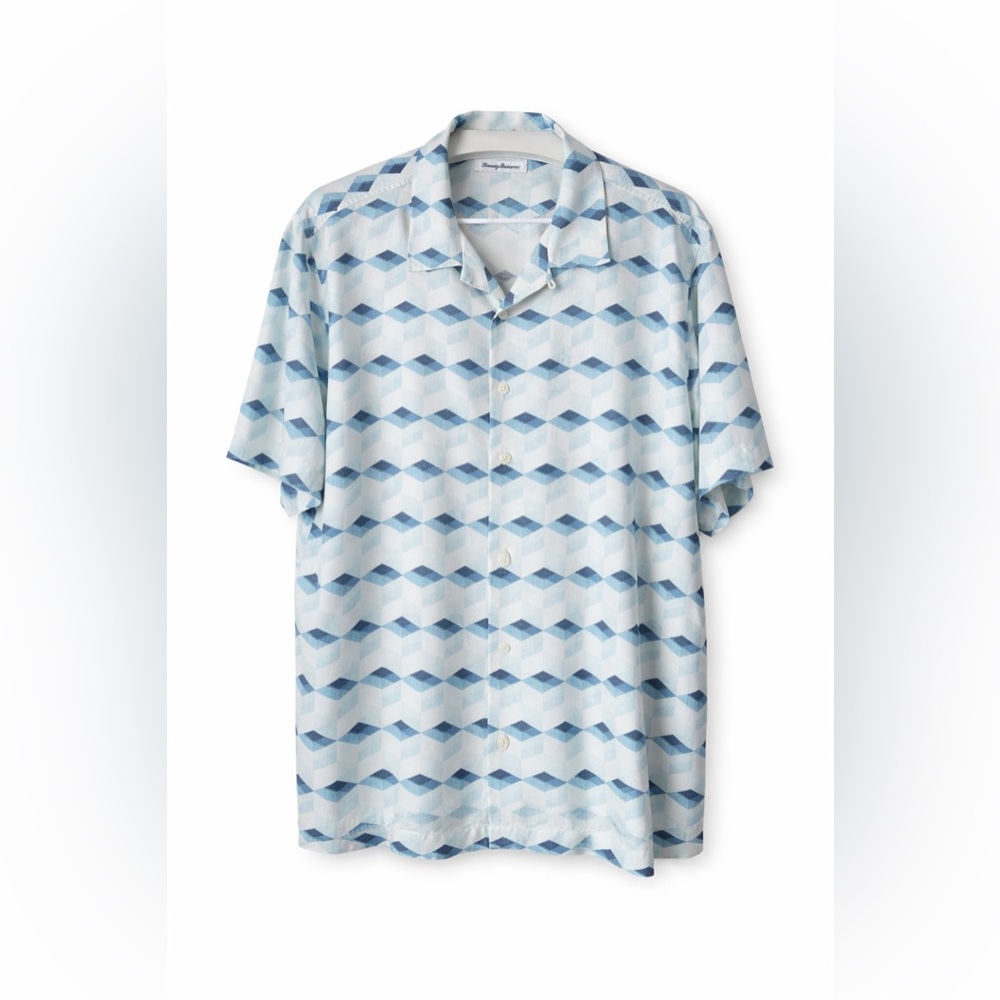 Tommy Bahama IslandZone Silk Blend Short Sleeve Button Up Shirt Blue Geometric